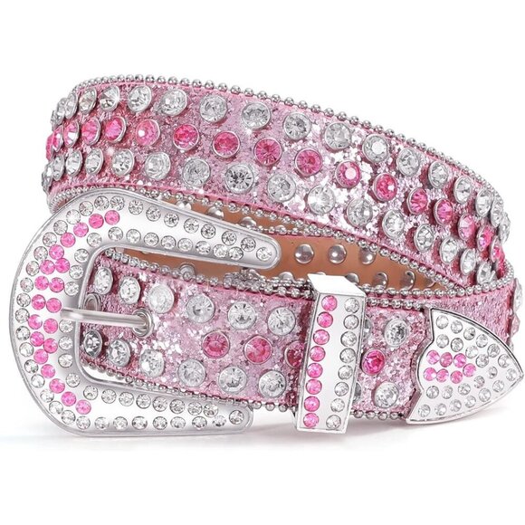 Women\'s Western Rhinestone Studded Leather Belt Unisex Bling Cowgirl Waist Belt main image 4